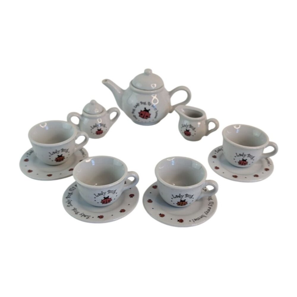 Schylling‎ Childs Miniature Tea Set Ladybug Fly Away Home Collectible White Red
